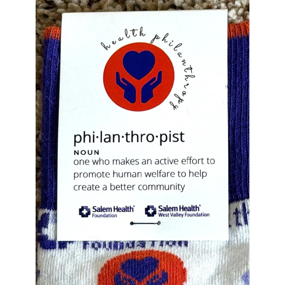 Sock Club NWT Salem Health Philanthropist Medical Crew Socks White Purple Orange